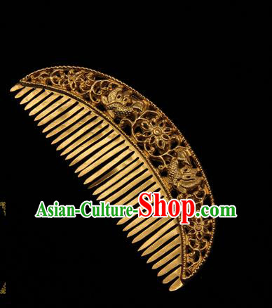 China Traditional Handmade Carving Hairpin Tang Dynasty Hair Accessories Ancient Empress Golden Hair Comb