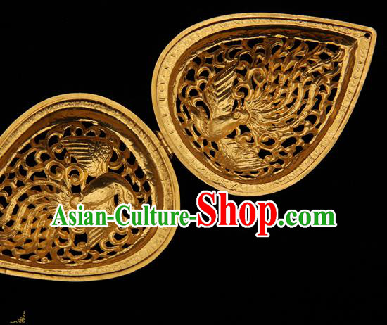 Handmade Chinese Ancient Empress Golden Phoenix Earrings Jewelry Traditional Ming Dynasty Palace Ear Accessories