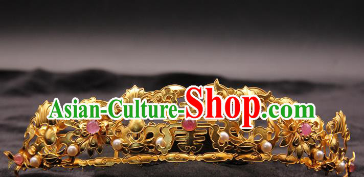 China Traditional Ming Dynasty Hair Accessories Handmade Golden Hairpin Ancient Empress Pearls Hair Crown