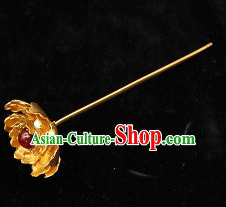 China Ancient Empress Golden Peony Hair Stick Handmade Hairpin Traditional Ming Dynasty Hair Accessories