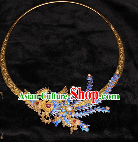 Handmade Chinese Ancient Imperial Consort Golden Necklet Jewelry Traditional Ming Dynasty Blueing Phoenix Necklace Accessories
