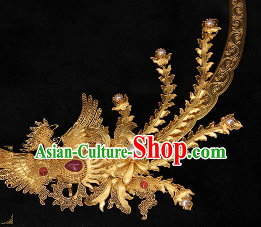 Handmade Chinese Traditional Ancient Ming Dynasty Imperial Consort Phoenix Necklace Accessories Golden Necklet Jewelry