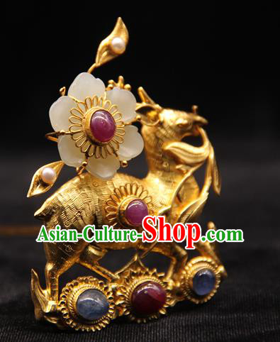 China Ancient Empress Golden Deer Hairpin Handmade Hair Accessories Traditional Ming Dynasty Jade Plum Hair Crown