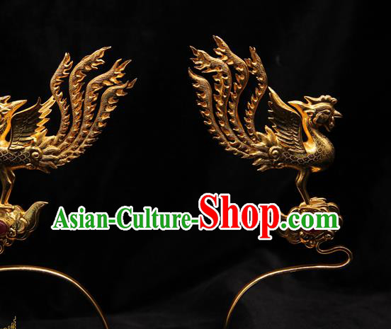China Traditional Ming Dynasty Golden Phoenix Hair Stick Handmade Hair Accessories Ancient Imperial Consort Hairpin