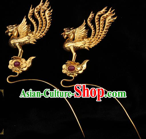 China Traditional Ming Dynasty Golden Phoenix Hair Stick Handmade Hair Accessories Ancient Imperial Consort Hairpin