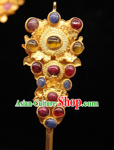 China Handmade Hair Accessories Ancient Empress Golden Hair Stick Traditional Ming Dynasty Gems Hairpin