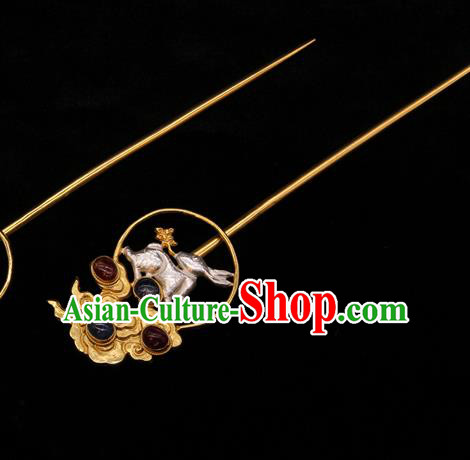 China Ancient Empress Gems Hair Stick Handmade Hair Accessories Traditional Ming Dynasty Silver Rabbit Hairpin
