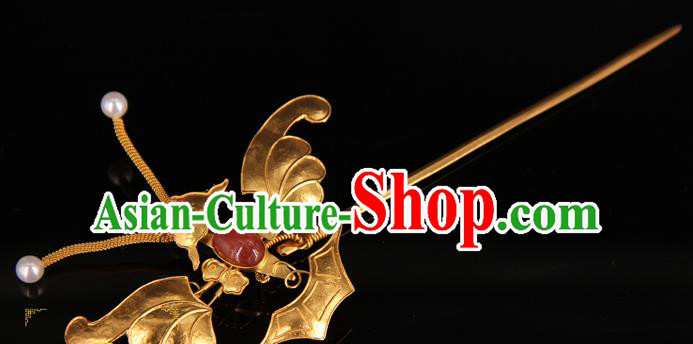 China Handmade Queen Ruby Hair Stick Traditional Palace Headpiece Ancient Qing Dynasty Empress Golden Butterfly Hairpin