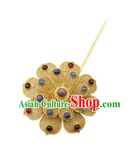 China Handmade Queen Gems Hair Crown Traditional Palace Headpiece Ancient Ming Dynasty Empress Golden Peony Hairpin