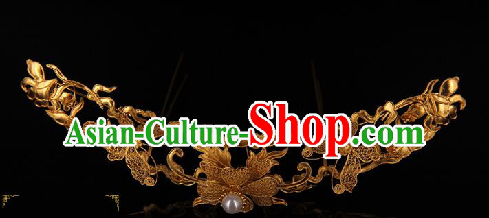 China Handmade Queen Golden Butterfly Hair Crown Traditional Palace Headpiece Ancient Ming Dynasty Empress Pearl Hairpin