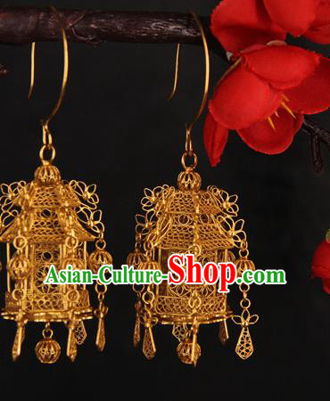 Handmade Chinese Traditional Court Golden Lantern Earrings Jewelry Ancient Qing Dynasty Ear Accessories
