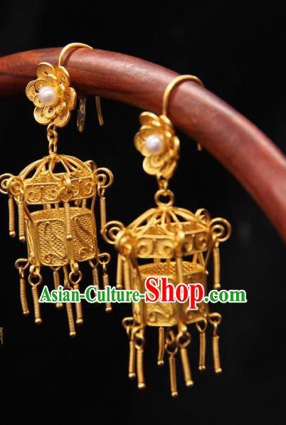 Handmade Chinese Ancient Qing Dynasty Palace Earrings Accessories Traditional Court Golden Lantern Ear Jewelry