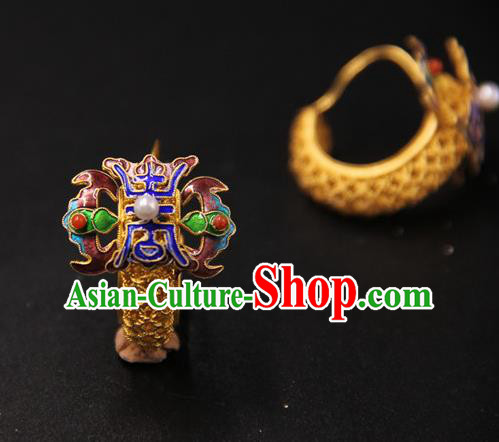 Handmade Chinese Ancient Qing Dynasty Golden Gems Earrings Accessories Traditional Court Cloisonne Ear Jewelry