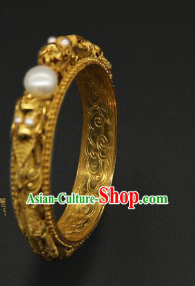 Handmade Traditional Court Golden Carving Bracelet Jewelry Chinese Ancient Qing Dynasty Queen Pearls Bangle Accessories