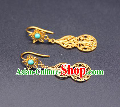Handmade Traditional Court Golden Gourd Earrings Jewelry Chinese Ancient Qing Dynasty Queen Ear Accessories