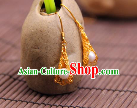 Handmade Traditional Court Golden Earrings Jewelry Chinese Ancient Qing Dynasty Queen Pearl Ear Accessories