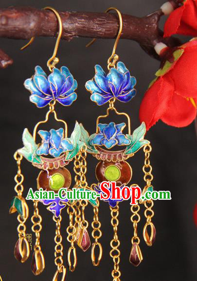 Handmade Chinese Traditional Court Cloisonne Peony Ear Jewelry Ancient Qing Dynasty Imperial Consort Earrings Accessories