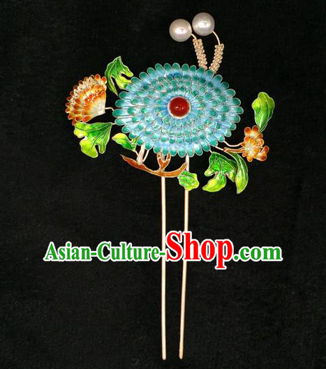 China Handmade Court Cloisonne Chrysanthemum Hair Stick Traditional Palace Hair Jewelry Ancient Qing Dynasty Empress Pearls Hairpin