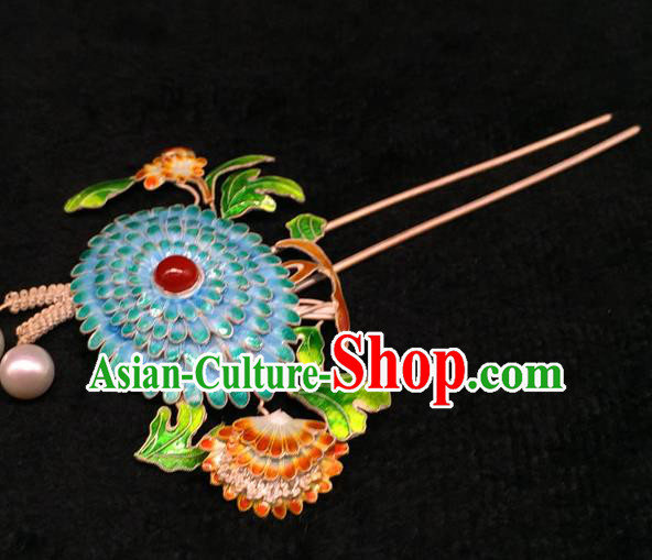 China Handmade Court Cloisonne Chrysanthemum Hair Stick Traditional Palace Hair Jewelry Ancient Qing Dynasty Empress Pearls Hairpin