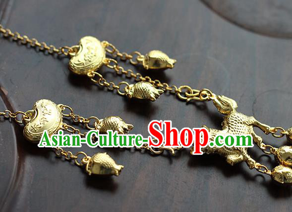 China Ancient Child Golden Kylin Necklace Traditional Ming Dynasty Tassel Longevity Lock