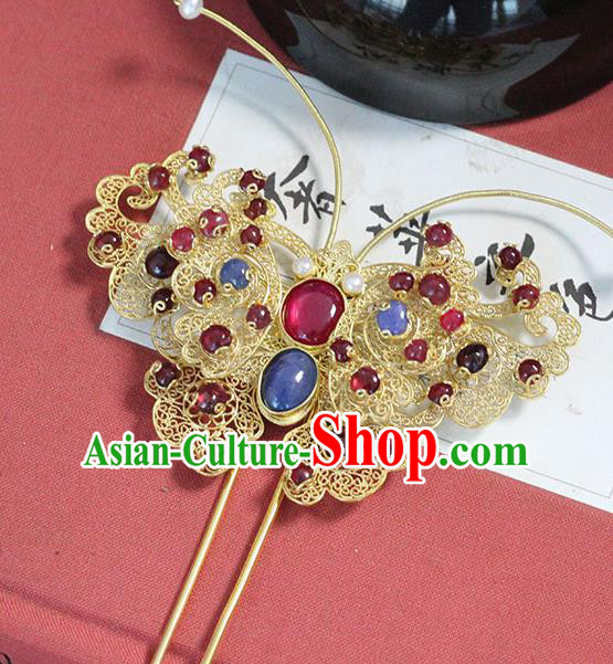 China Handmade Court Hair Stick Traditional Palace Hair Jewelry Ancient Ming Dynasty Empress Gems Butterfly Hairpin