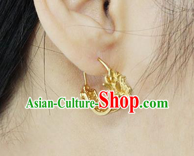 Handmade Traditional Court Golden Phoenix Ear Jewelry Chinese Ancient Tang Dynasty Queen Earrings Accessories