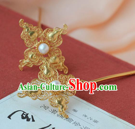 China Ancient Qing Dynasty Empress Golden Gourd Hairpin Traditional Palace Hair Jewelry Handmade Court Pearl Hair Stick