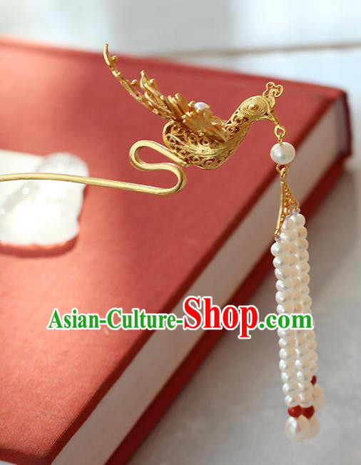 China Ancient Ming Dynasty Empress Beads Tassel Hairpin Traditional Palace Hair Jewelry Handmade Court Golden Phoenix Hair Stick