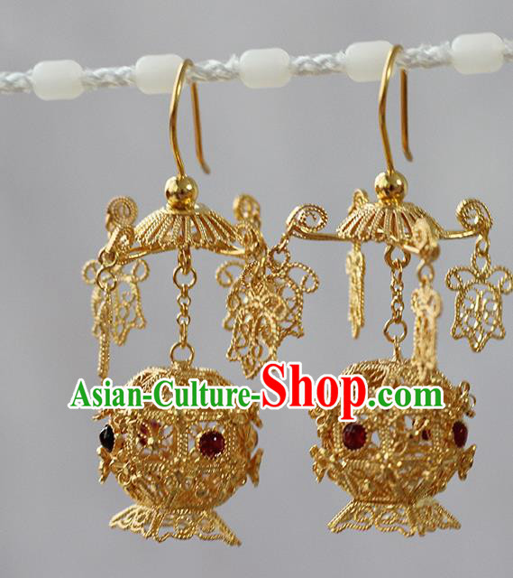 Handmade Traditional Court Tourmaline Ear Jewelry Chinese Ancient Ming Dynasty Golden Lantern Earrings Accessories
