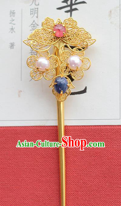 China Ancient Ming Dynasty Tourmaline Pearls Hairpin Traditional Palace Hair Jewelry Handmade Court Golden Butterfly Hair Stick