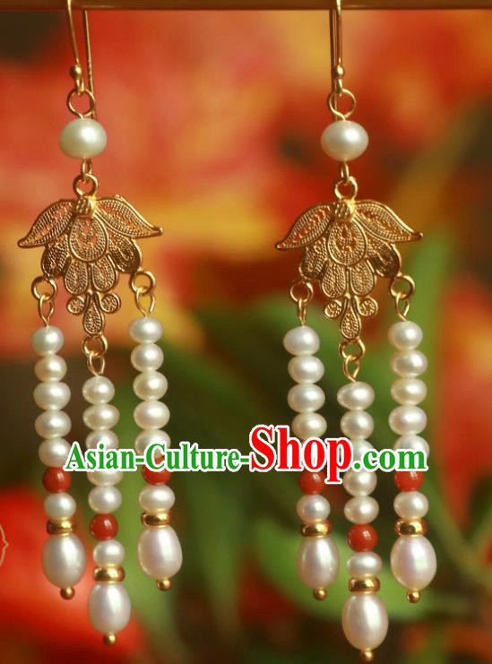 Handmade Traditional Chinese Court Ear Jewelry Ancient Ming Dynasty Pearls Tassel Earrings Accessories