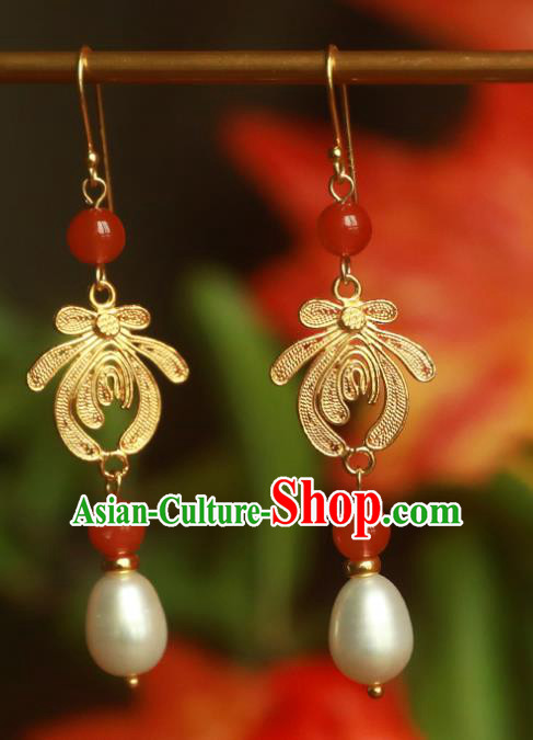 Handmade Chinese Ancient Court Ear Jewelry Traditional Ming Dynasty Pearls Earrings Accessories