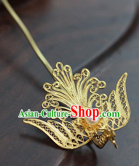 China Traditional Palace Hair Jewelry Ancient Ming Dynasty Empress Golden Phoenix Hairpin Handmade Court Pearl Hair Stick