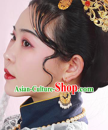 Handmade Chinese Ancient Court Hanfu Pearls Tassel Ear Jewelry Wedding Golden Earrings Traditional Accessories