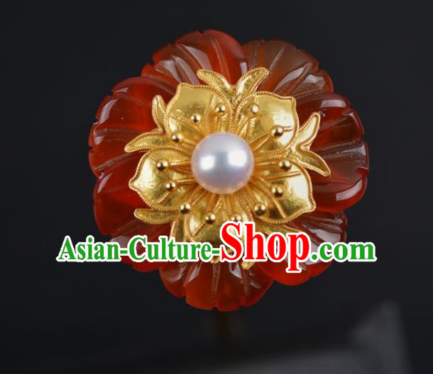 China Traditional Ming Dynasty Agate Hair Stick Handmade Hair Jewelry Ancient Princess Red Flower Hairpin