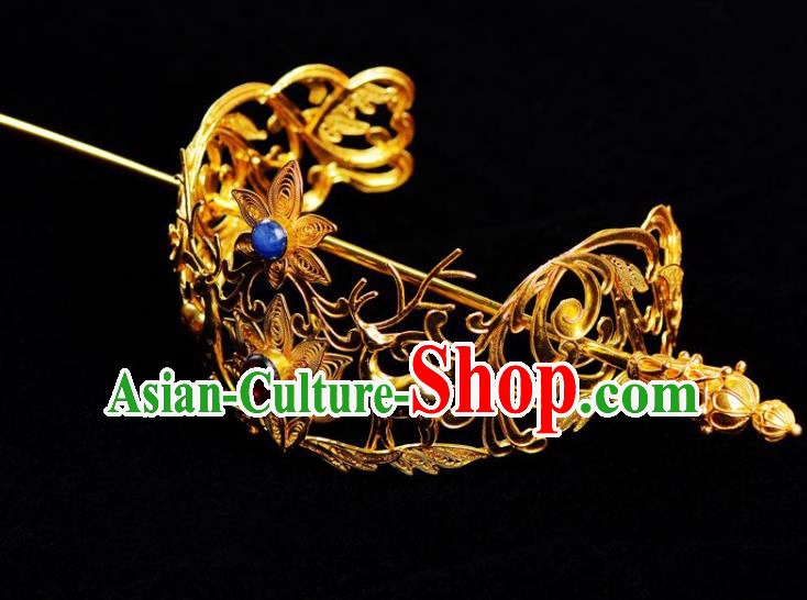 Chinese Traditional Hanfu Hair Accessories Ancient Ming Dynasty Prince Golden Hairdo Crown Hairpin
