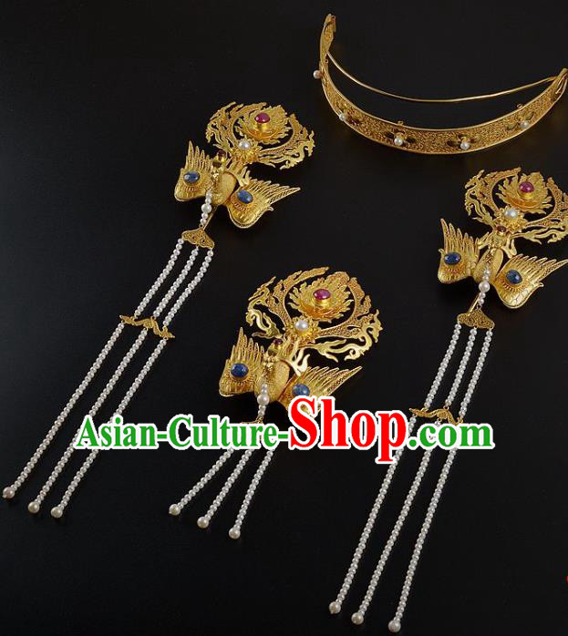 China Traditional Ming Dynasty Phoenix Coronet Handmade Hair Jewelry Ancient Empress Tassel Hair Crown