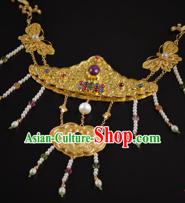 Handmade Chinese Ancient Court Queen Gems Necklace Jewelry Traditional Ming Dynasty Pearls Golden Necklet Accessories