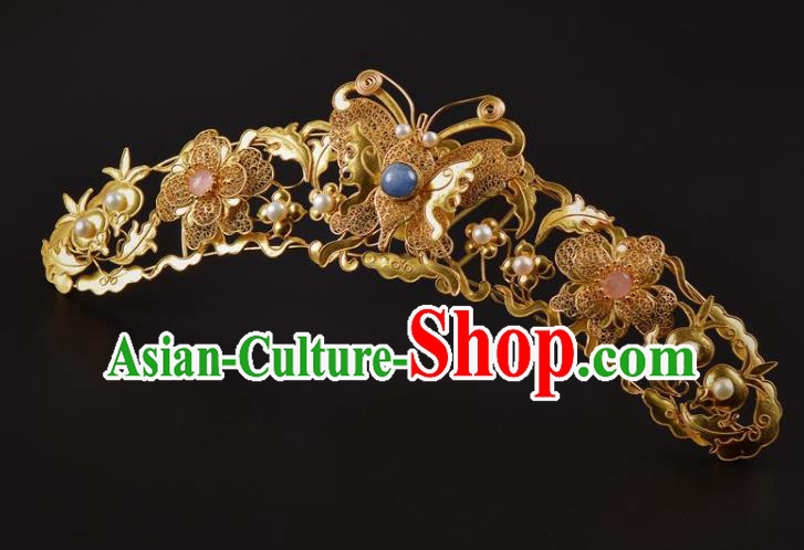 China Ancient Empress Golden Butterfly Hair Crown Traditional Ming Dynasty Palace Pearls Hairpin Handmade Hair Jewelry