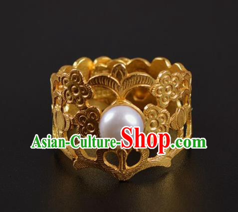 Handmade Chinese Ancient Court Queen Golden Ring Jewelry Traditional ng Dynasty Pearl Ring Accessories