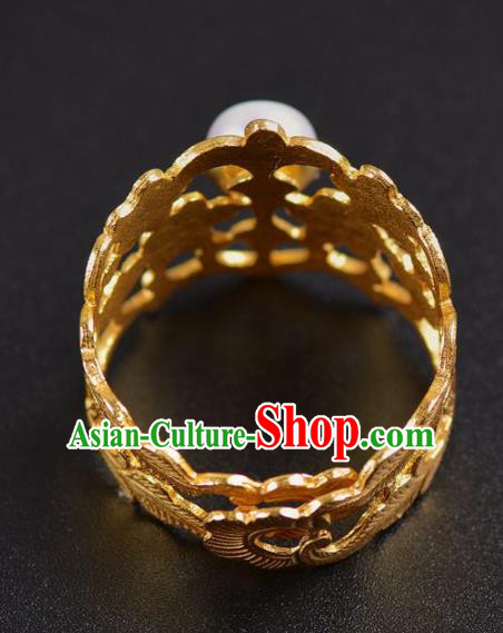 Handmade Chinese Ancient Court Queen Golden Ring Jewelry Traditional Ming Dynasty Pearl Ring Accessories
