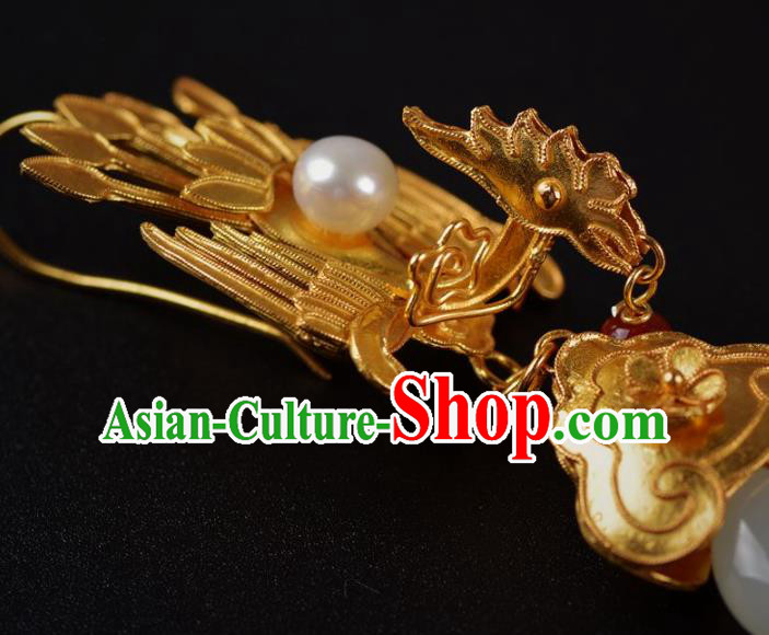 Handmade Chinese Traditional Qing Dynasty Palace Golden Phoenix Earrings Accessories Ancient Court Empress Jade Ring Ear Jewelry