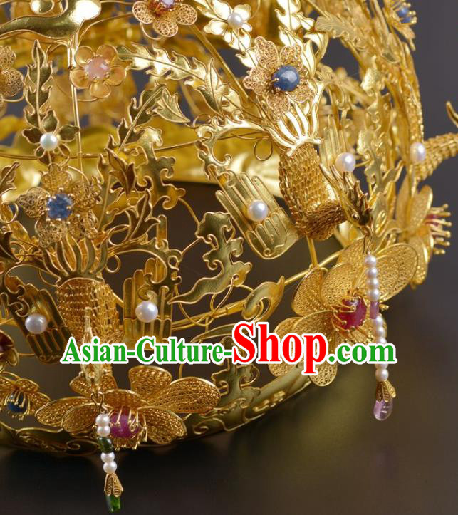 China Traditional Ming Dynasty Pearls Golden Hair Crown Handmade Hair Jewelry Ancient Empress Phoenix Coronet