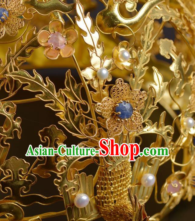 China Traditional Ming Dynasty Pearls Golden Hair Crown Handmade Hair Jewelry Ancient Empress Phoenix Coronet