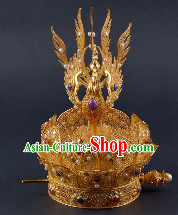 China Traditional Tang Dynasty Palace Pearls Hair Crown Handmade Hair Jewelry Ancient Empress Golden Lotus Phoenix Coronet