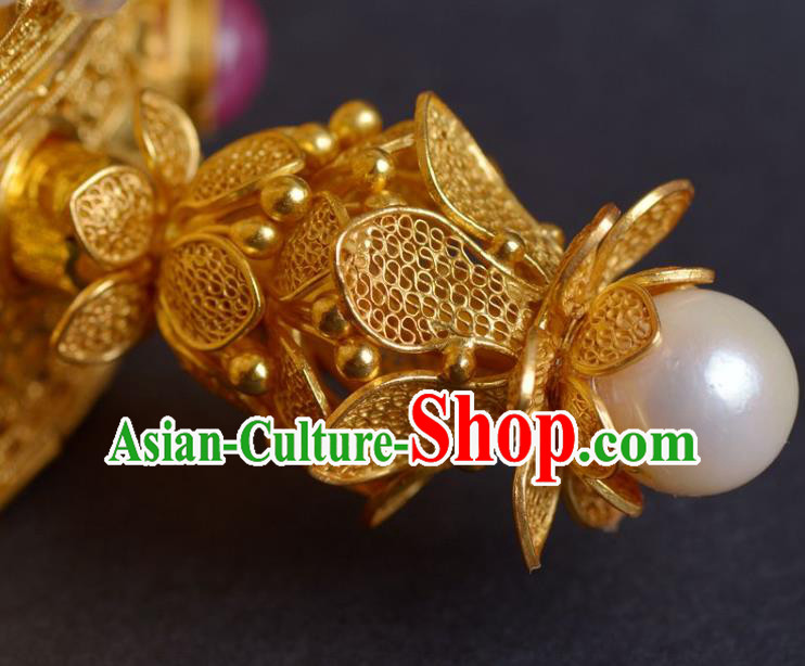 China Traditional Tang Dynasty Palace Pearls Hair Crown Handmade Hair Jewelry Ancient Empress Golden Lotus Phoenix Coronet