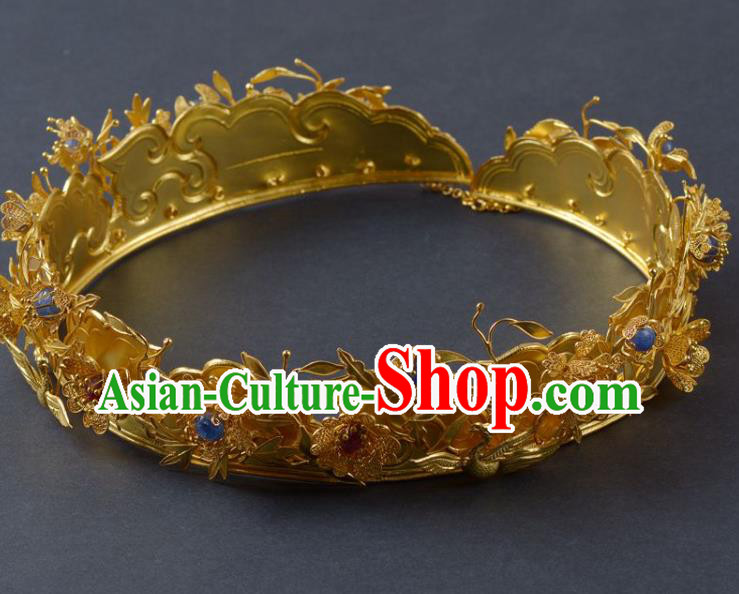 China Traditional Ming Dynasty Palace Golden Hair Crown Handmade Hair Jewelry Ancient Empress Gems Hairpin Hair Clasp