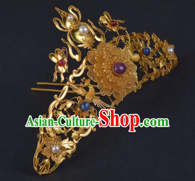 China Handmade Hair Jewelry Ancient Empress Hairpin Hair Comb Traditional Ming Dynasty Palace Golden Gourd Phoenix Hair Crown