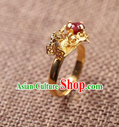 Handmade Chinese Ancient Empress Golden Phoenix Ring Jewelry Traditional Qing Dynasty Court Ruby Accessories