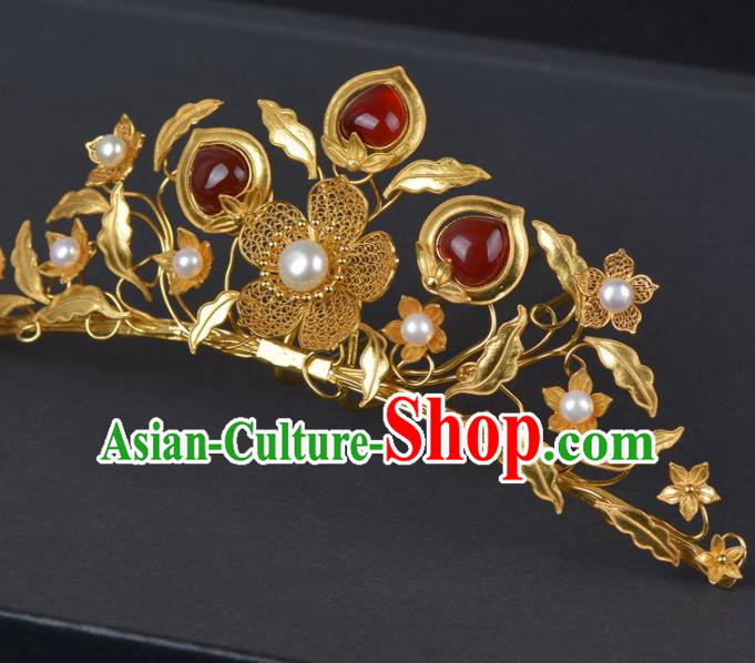 China Ancient Empress Golden Plum Hairpin Traditional Ming Dynasty Palace Agate Hair Crown Handmade Hair Jewelry